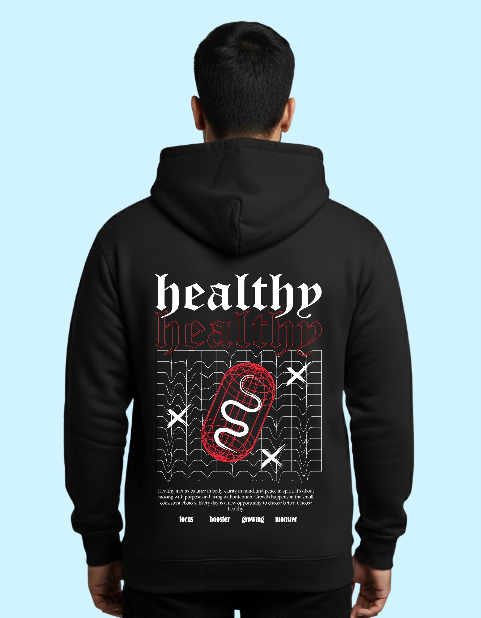 Healthy Graphic Cotton Hoodie 300 GSM Without Zipper Black