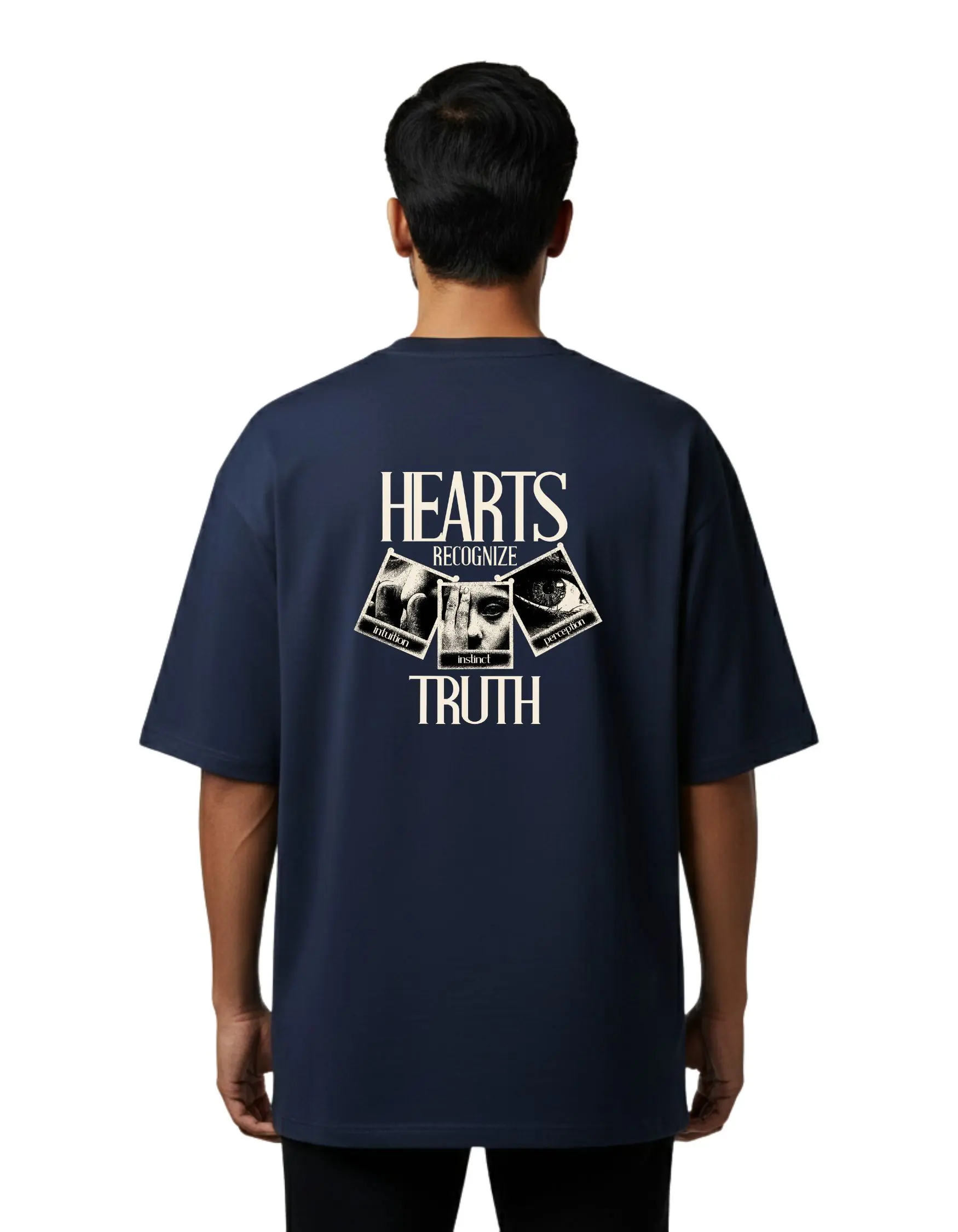 Hearts Recognize Truth Oversize Cotton French Terry T-Shirt 240 GSM Navy Blue