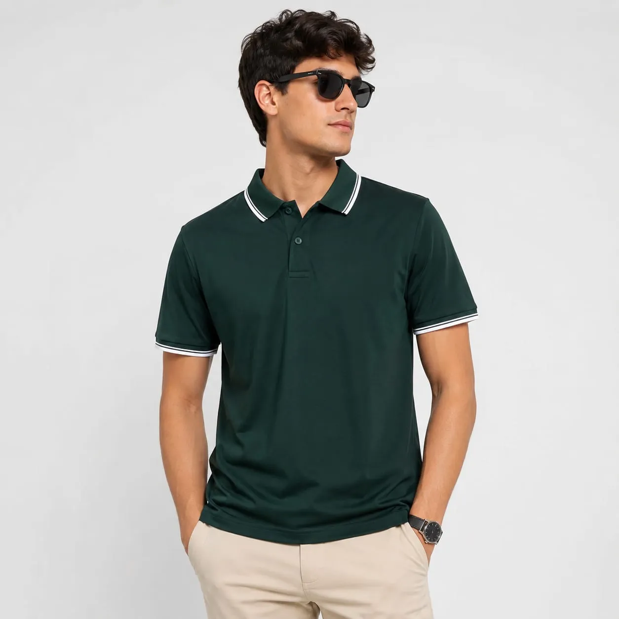 Hunter Green Mens Premium Primo Knit 200 GSM Polo TShirt With White Collor And Sleeve Tipping 