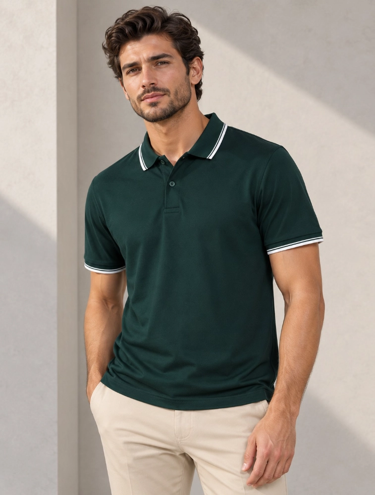 Hunter Green Mens Premium Primo Knit 200 GSM Polo TShirt With White Collor And Sleeve Tipping