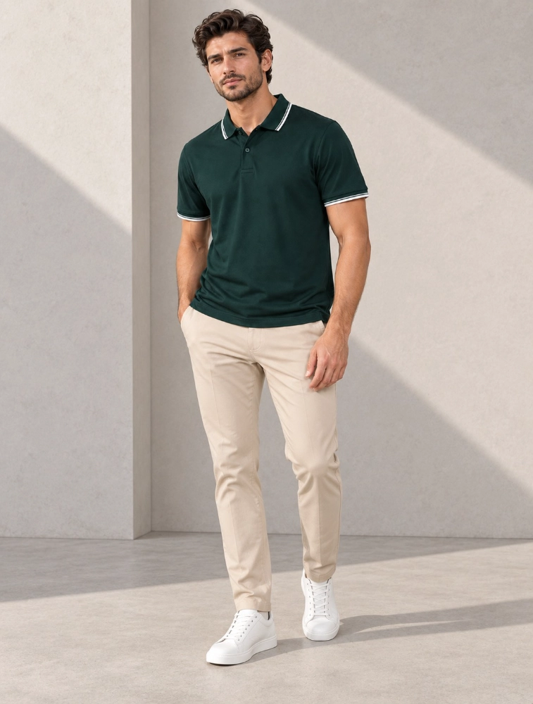 Hunter Green Mens Premium Primo Knit 200 GSM Polo TShirt With White Collor And Sleeve Tipping 