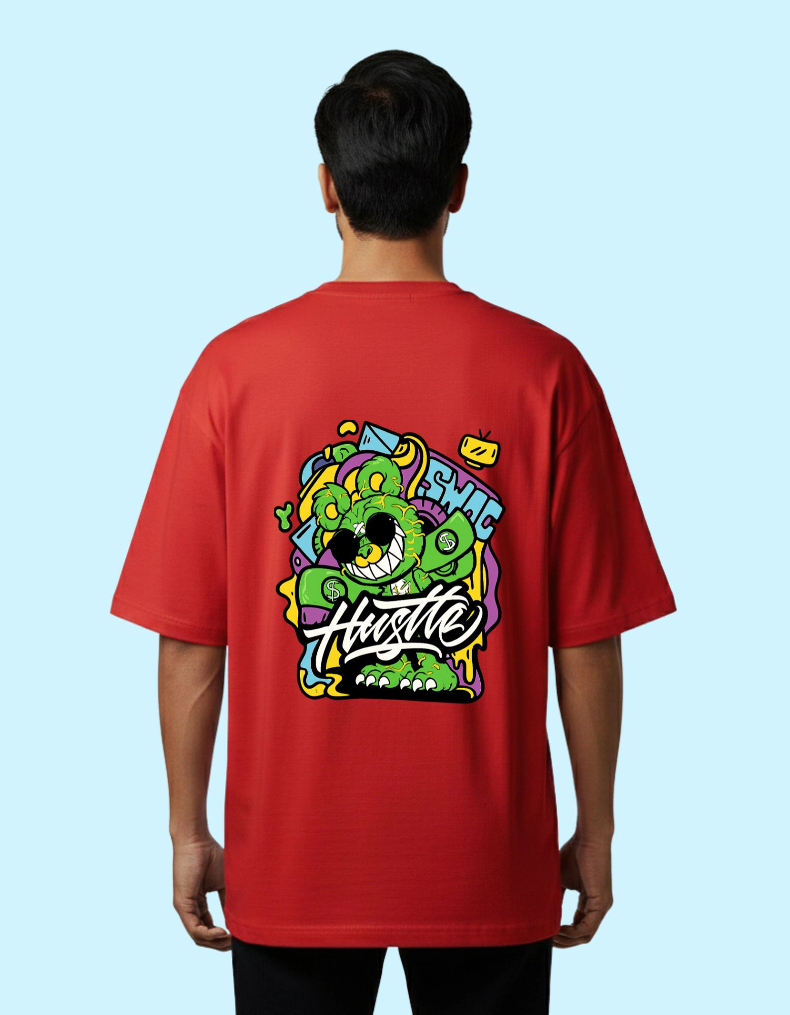 Hustle Graphic Oversized French Terry Cotton T-Shirt 240 GSM Red