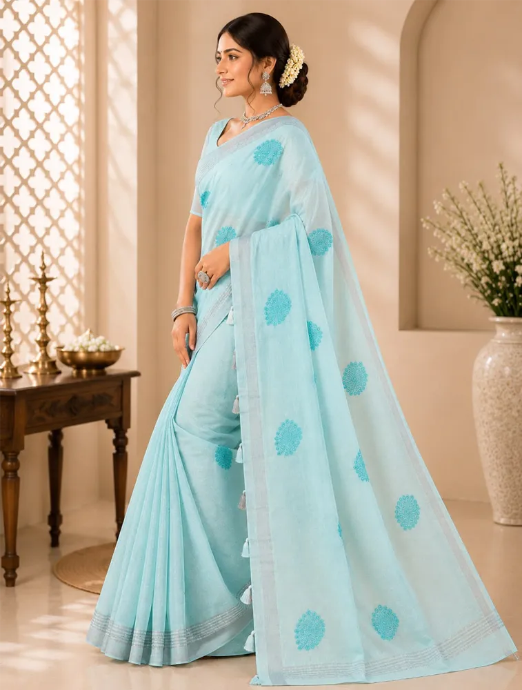 Ice Blue Womens Premium Linen Cotton Stone Work With Embroidery Special Sarees