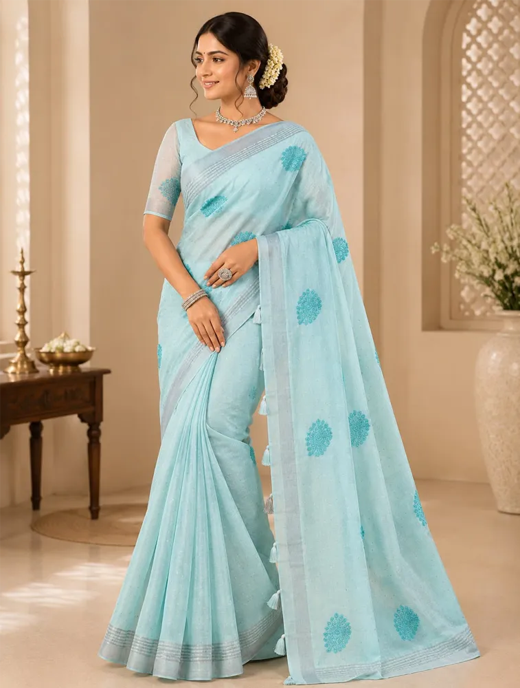 Ice Blue Womens Premium Linen Cotton Stone Work With Embroidery Special Sarees — bulk from ₹2587