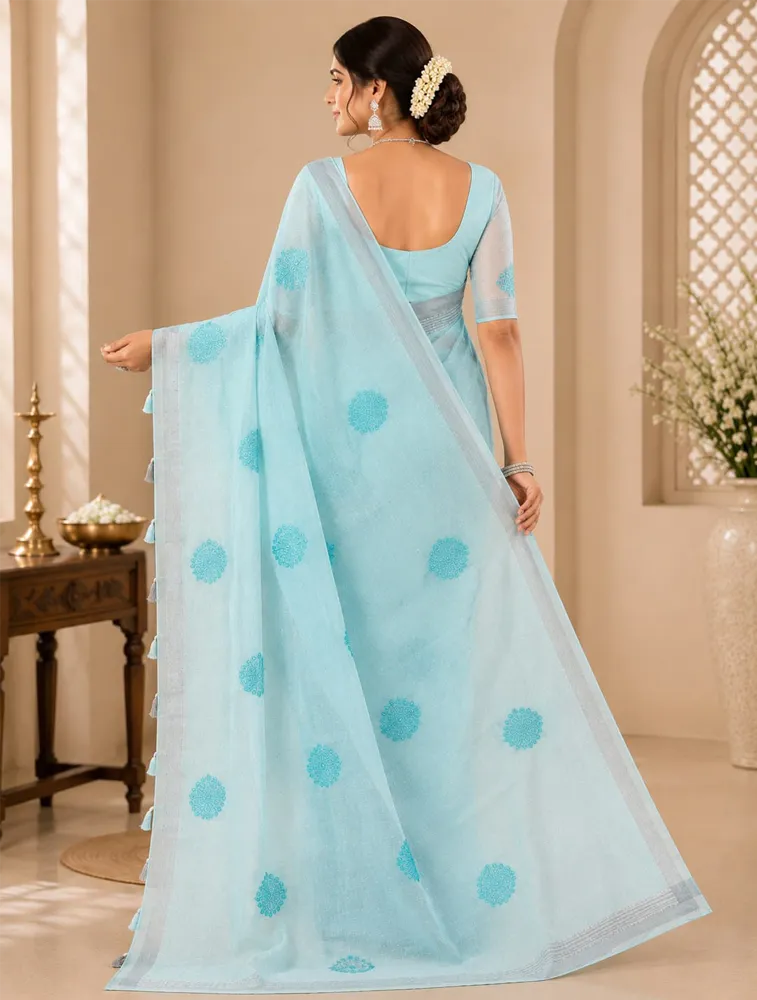 Ice Blue Womens Premium Linen Cotton Stone Work With Embroidery Special Sarees