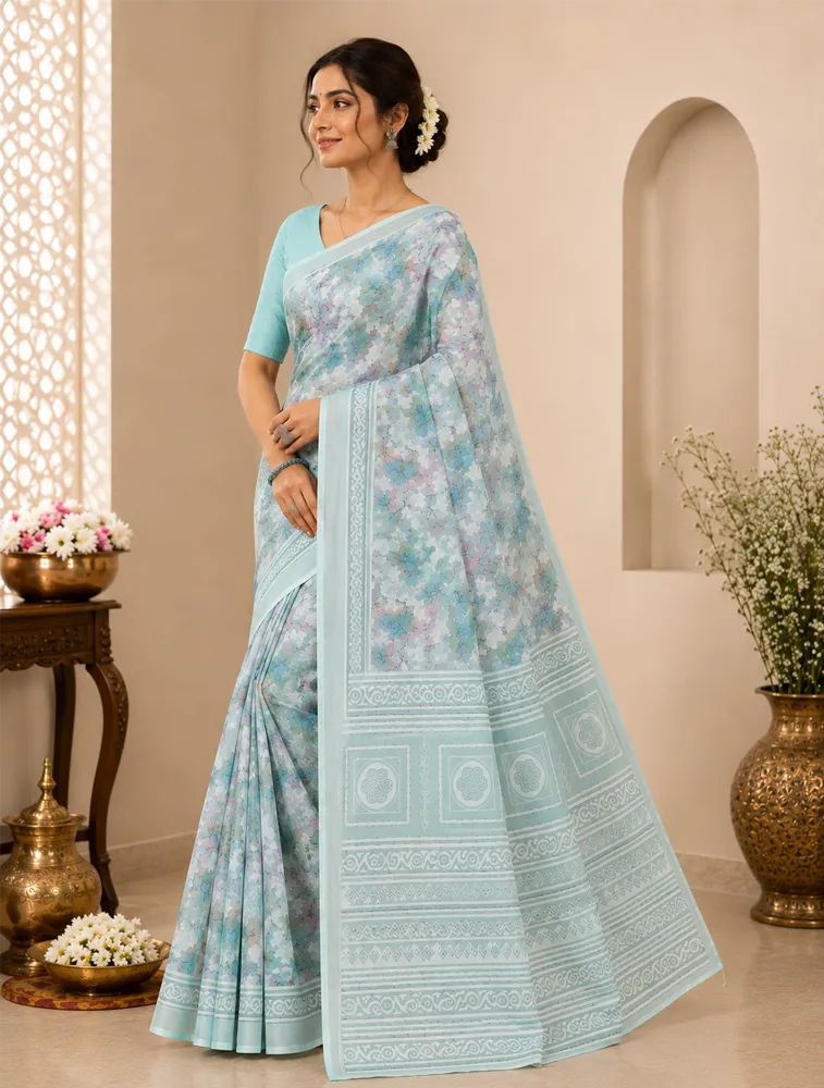 Ice Blue Womens Printed Luxury Poonam special Soft Silk