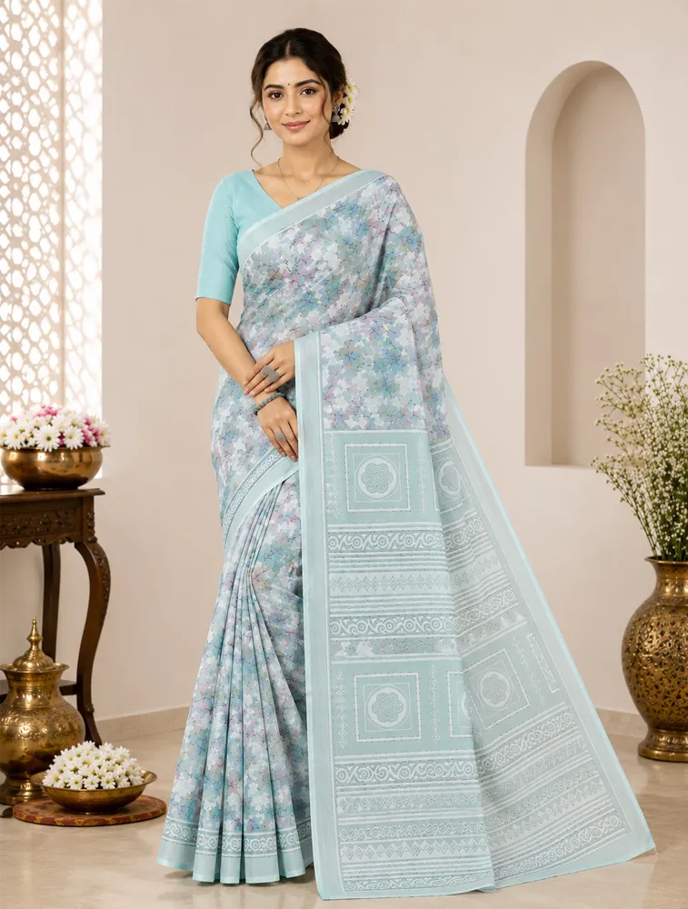 Ice Blue Womens Printed Luxury Poonam special Soft Silk — bulk from ₹1416
