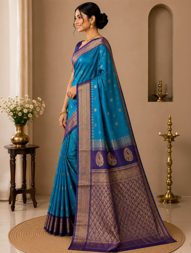 Indigo Blue Womens Premium Semi Gadwal Saree