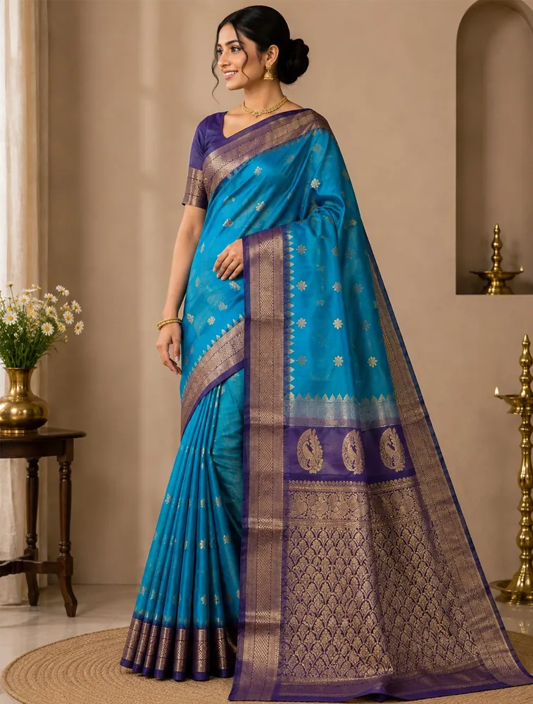 Indigo Blue Womens Premium Semi Gadwal Saree