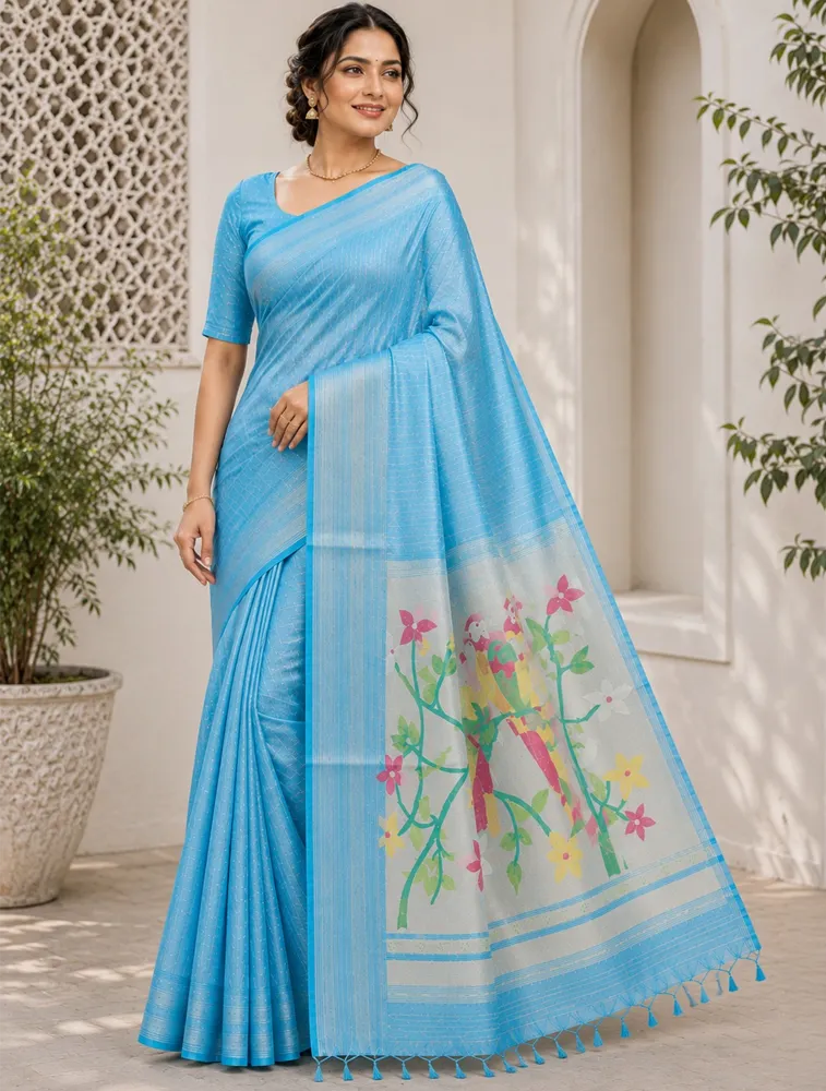 Indigo Blue Womens Printed Luxury Kasthuri Cotton Saree