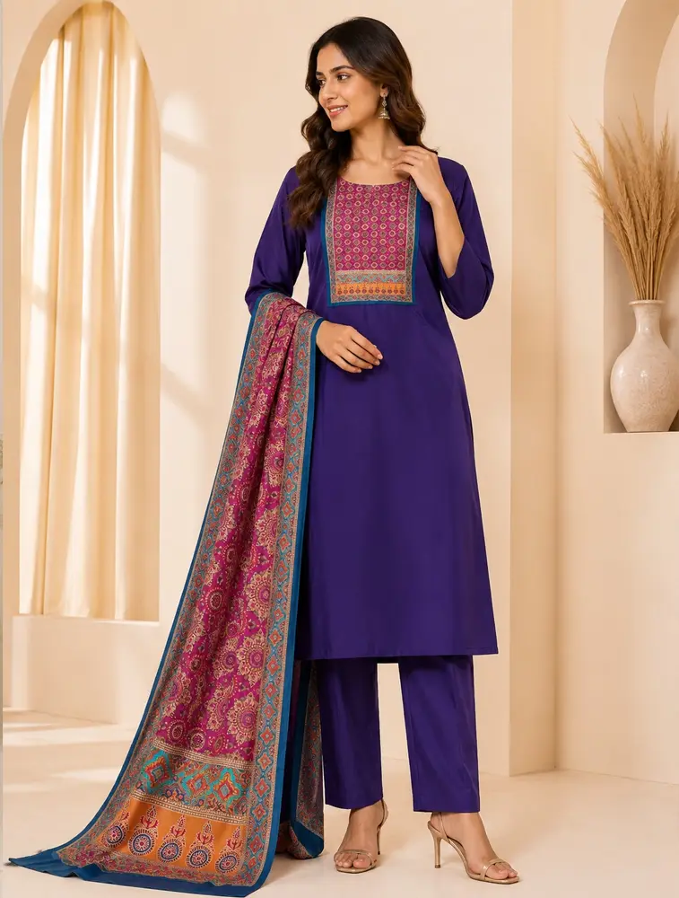 Indigo Womens printed cotten Kurtha set with Dupatta