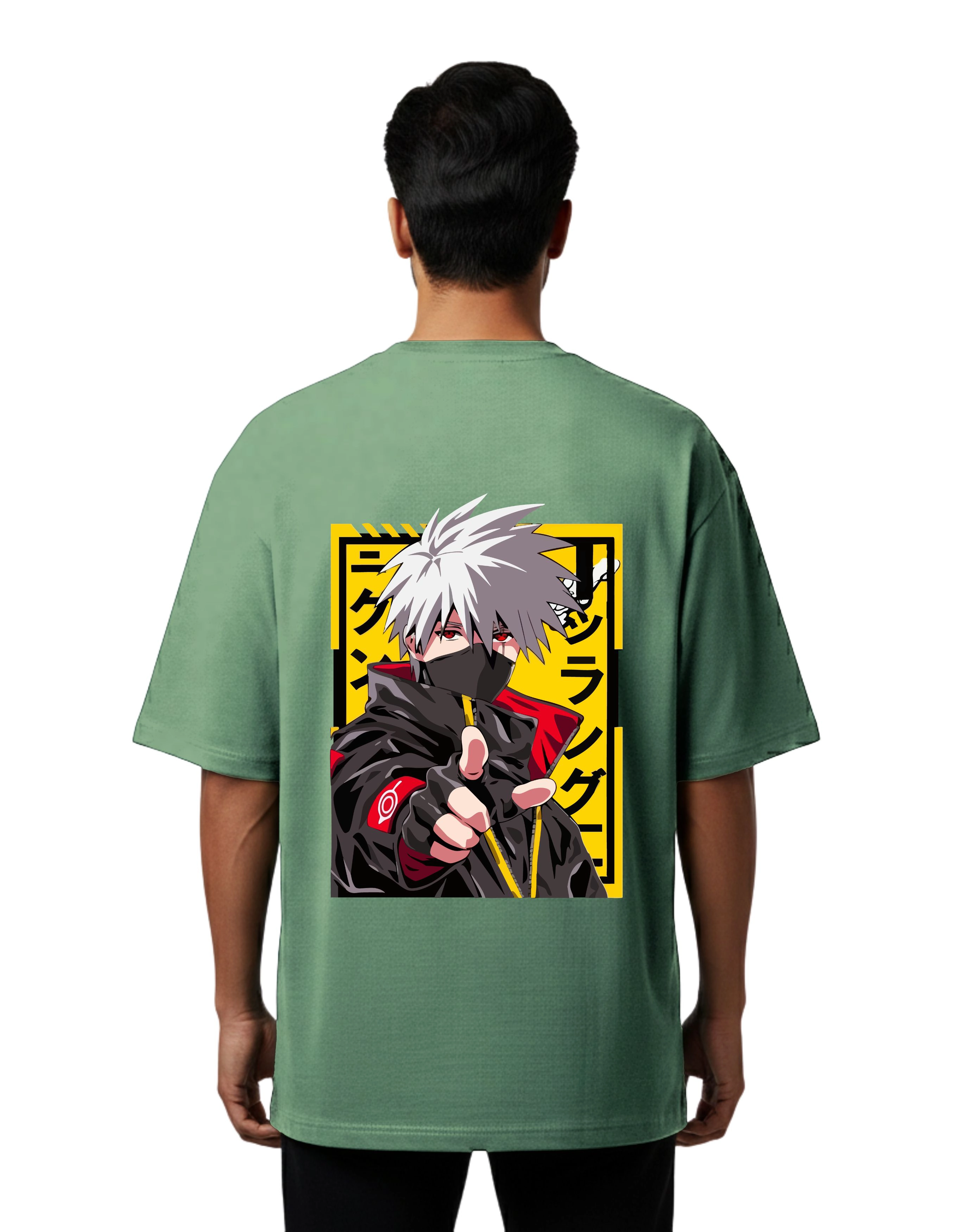 Kakashi Anime Graphic Oversize Cotton French Terry T-Shirt 240 GSM D Green