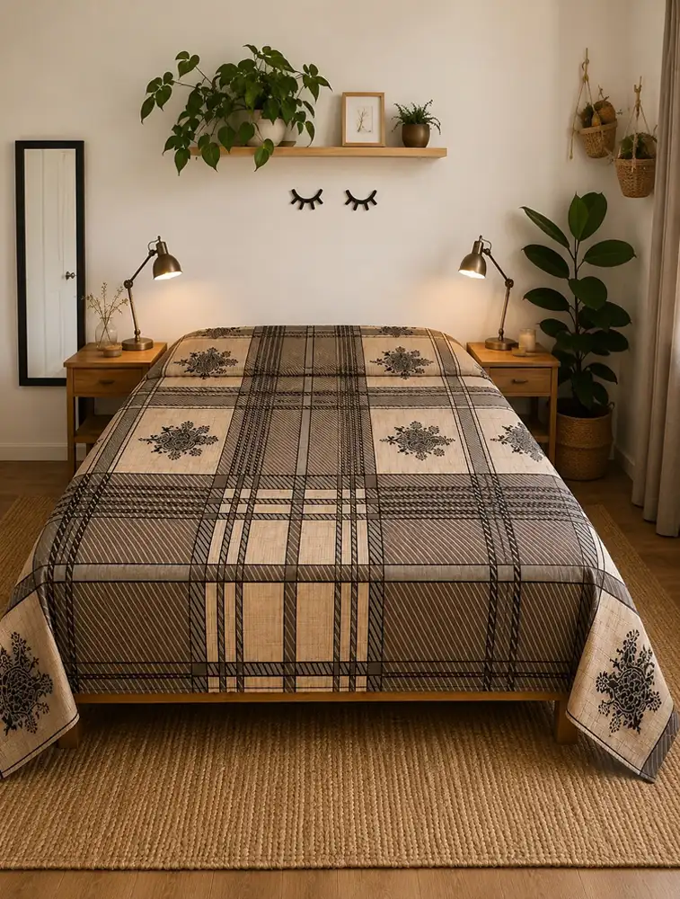 Khaki Cotton Printed Double Bed King Size Bedsheet 