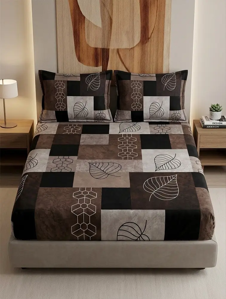 Khaki Cotton Printed Double Bed Queen Size Elestic Bedsheet