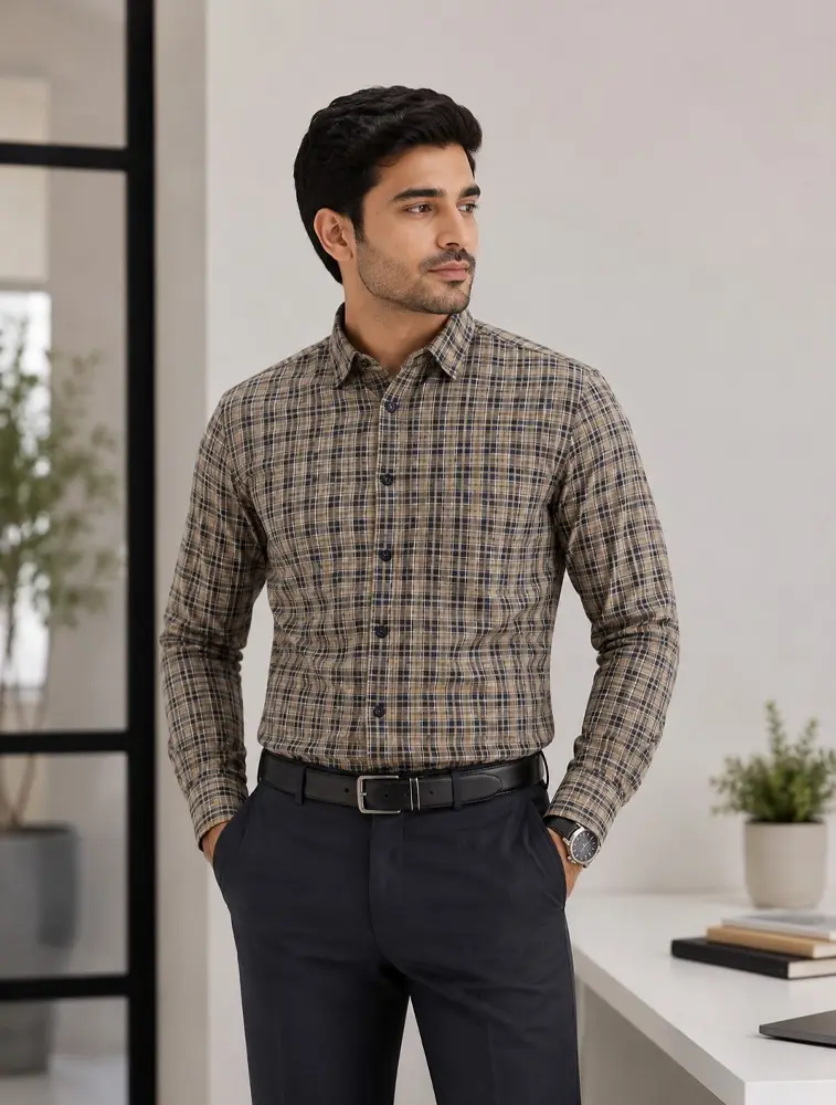  Khaki Men's Cotton Full Sleeve Check Shirt     