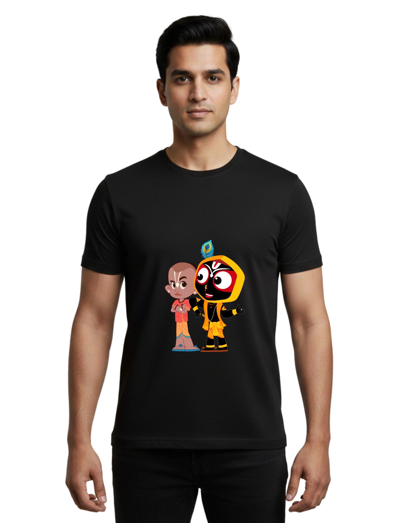Krishna Cartoon Round Neck Cotton 180 GSM T-Shirt Black