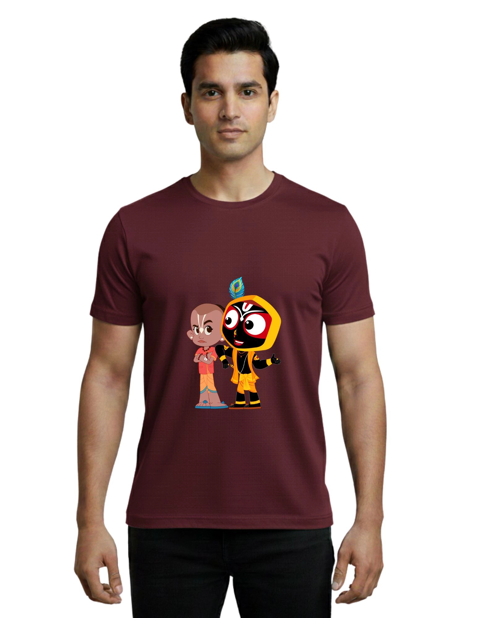 Krishna Cartoon Round Neck Cotton 180 GSM T-Shirt Maroon