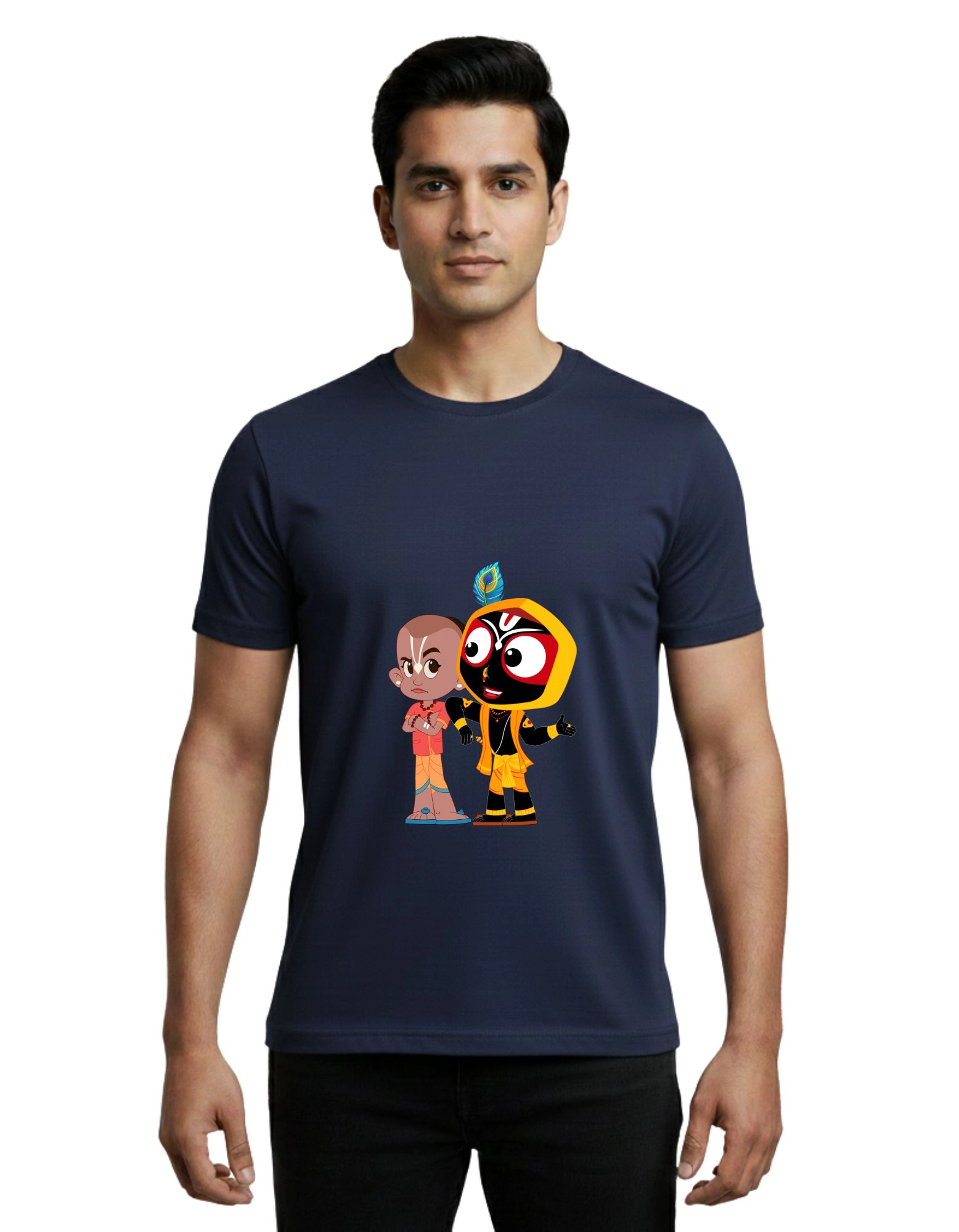 Krishna Cartoon Round Neck Cotton 180 GSM T-Shirt Navy Blue