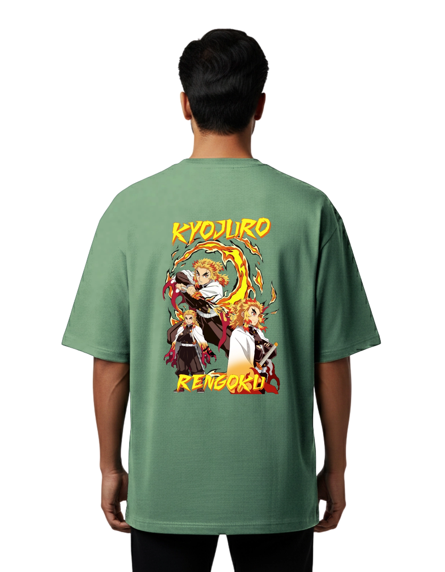 Kyojuro Rengoku Oversize Cotton French Terry T-Shirt 240 GSM D Green