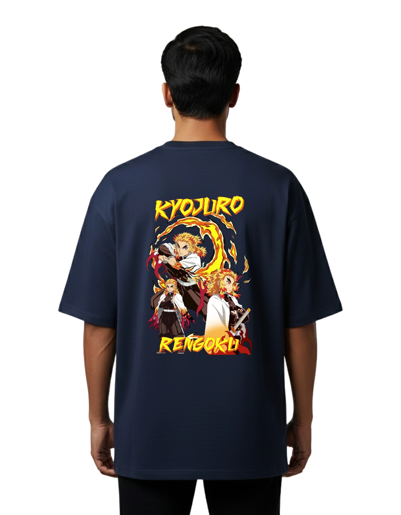 Kyojuro Rengoku Oversize Cotton French Terry T-Shirt 240 GSM Navy Blue