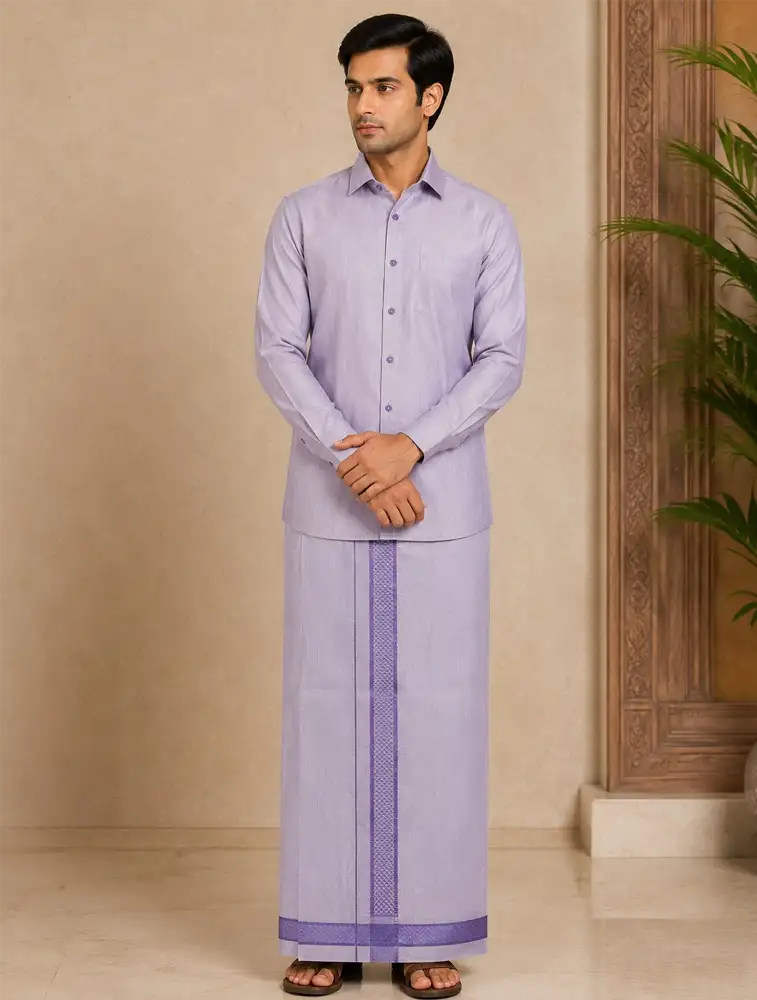Lavender  Mens pecial Tissue Shirts and Dhoti Set 