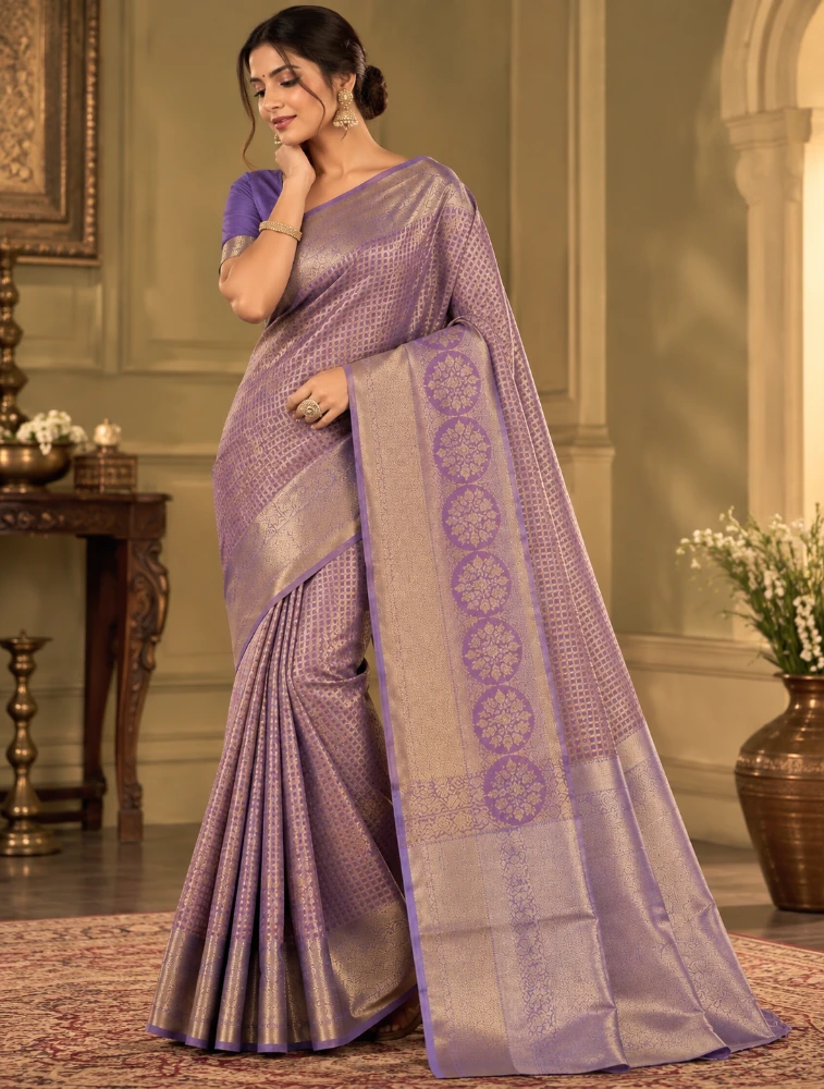 Lavender  Womens  Elegant Tissue Brocade Saree with Rich Zari Border