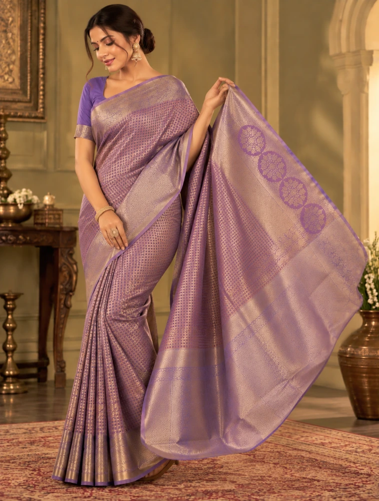 Lavender  Womens  Elegant Tissue Brocade Saree with Rich Zari Border
