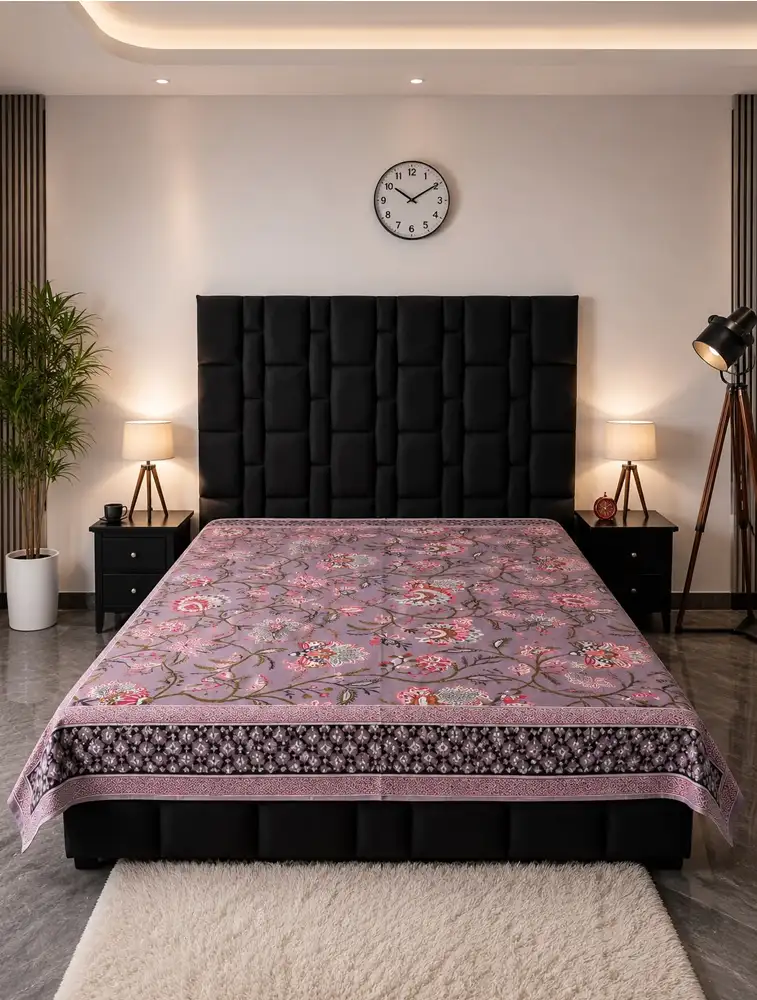 Lavender Cotton Printed Double Bed King Size Bedsheet 