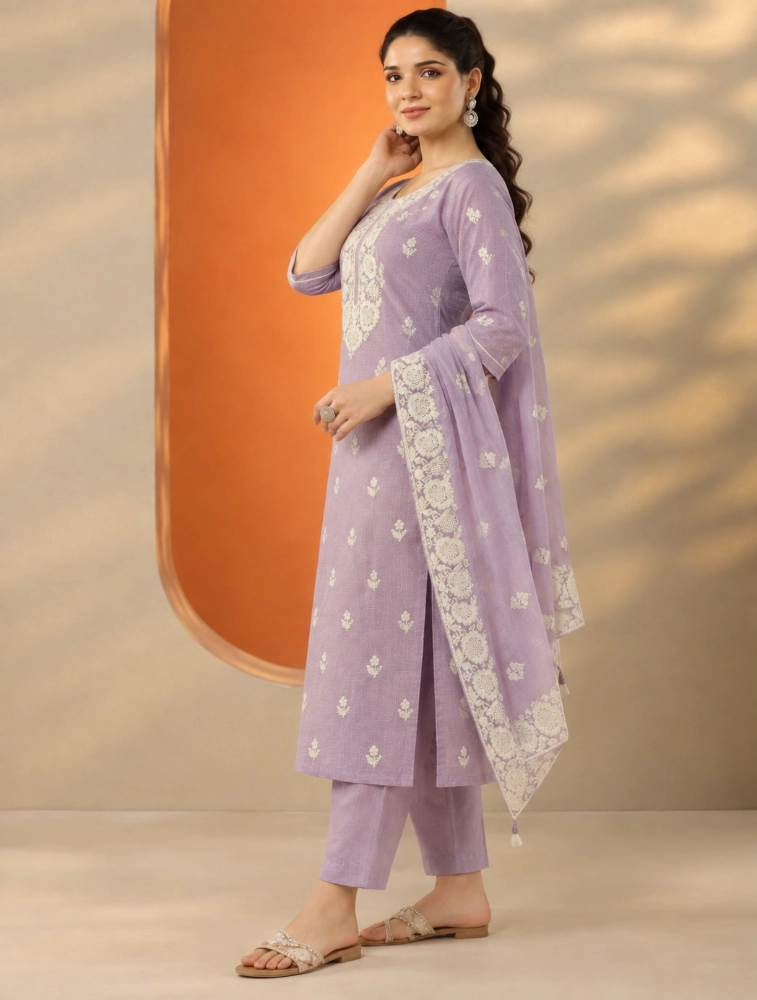 Lavender Ethnic  Motifs Yoke Design Straight Embroidered Kurta with Pant and Duppatta Set
