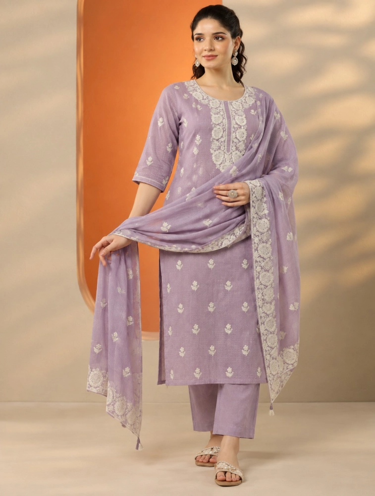Lavender Ethnic  Motifs Yoke Design Straight Embroidered Kurta with Pant and Duppatta Set