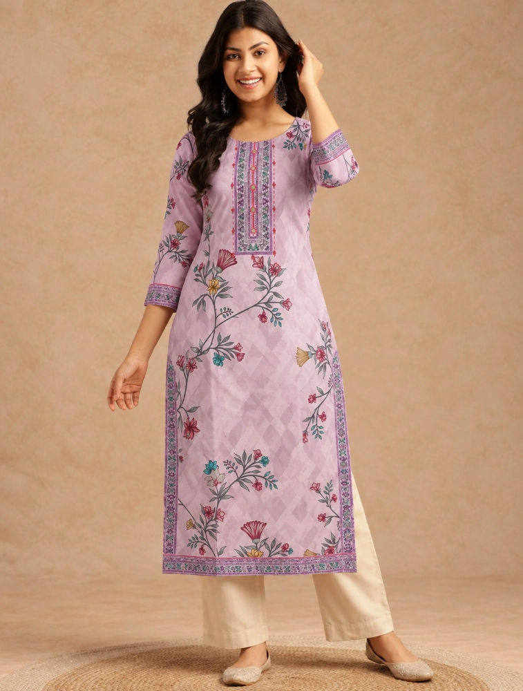 Lavender Women Printed Pure Cotton Ethnic Dress