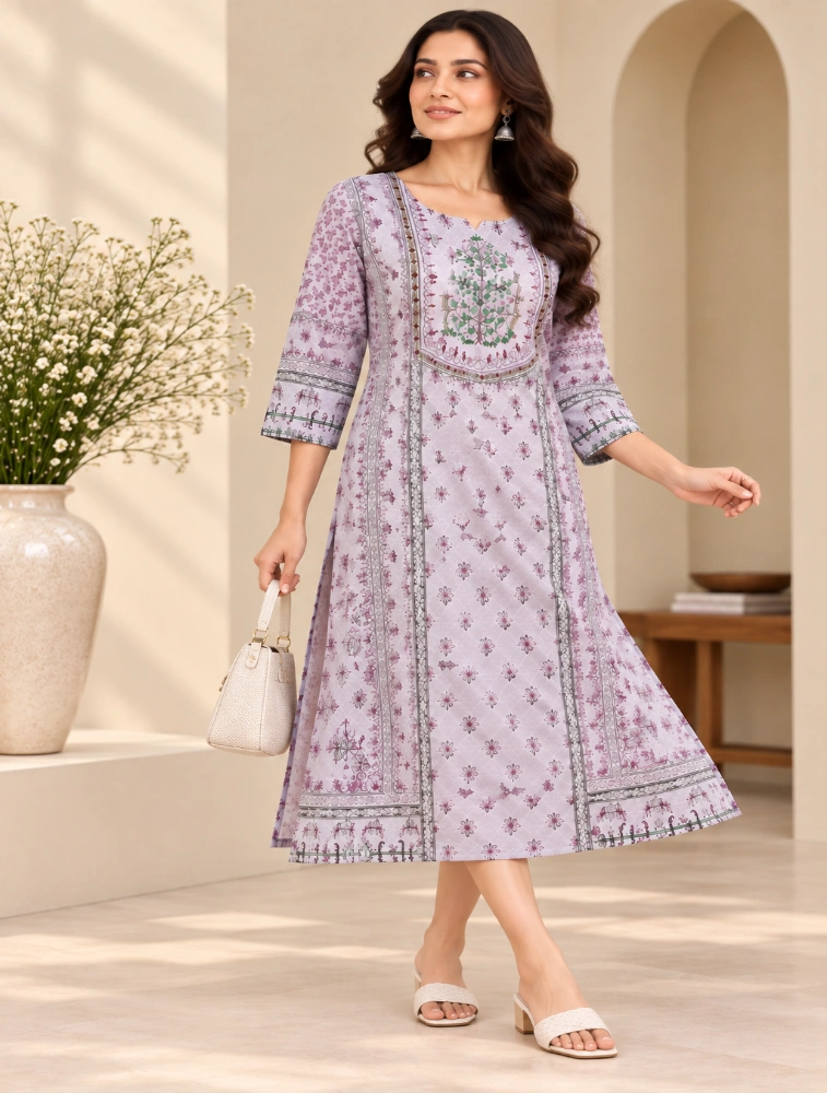 Lavender Womens Graceful Ethnic Embroidered Kurta