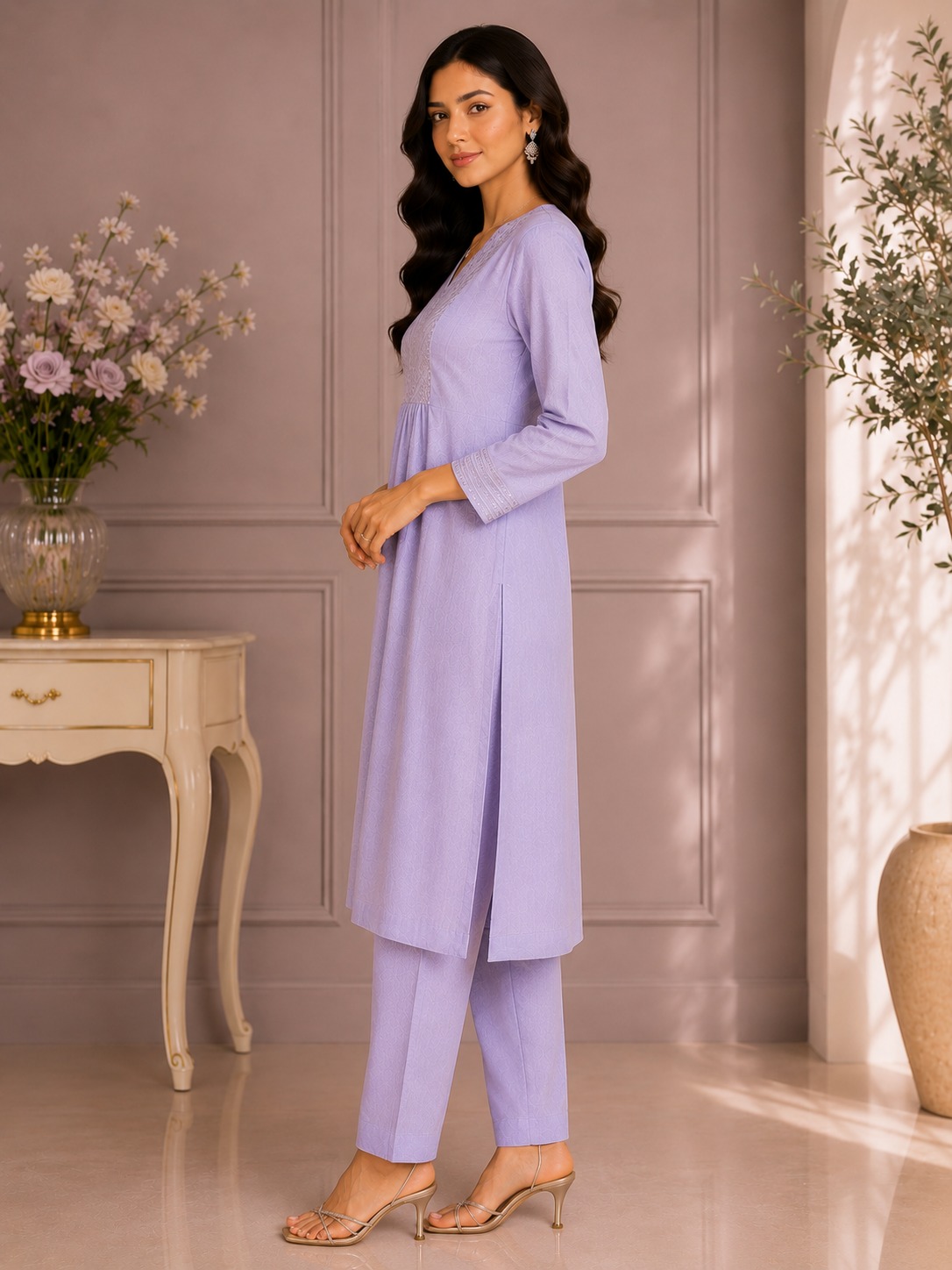 Lavender Womens Traditional Cotton Dobby Kurta Sets