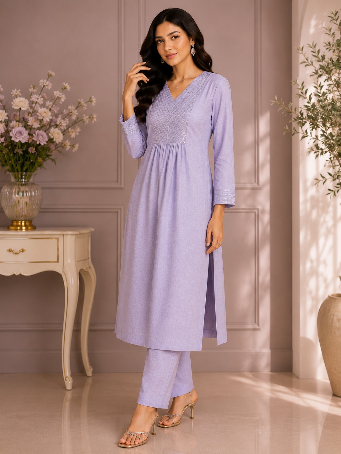 Lavender Womens Traditional Cotton Dobby Kurta Sets 