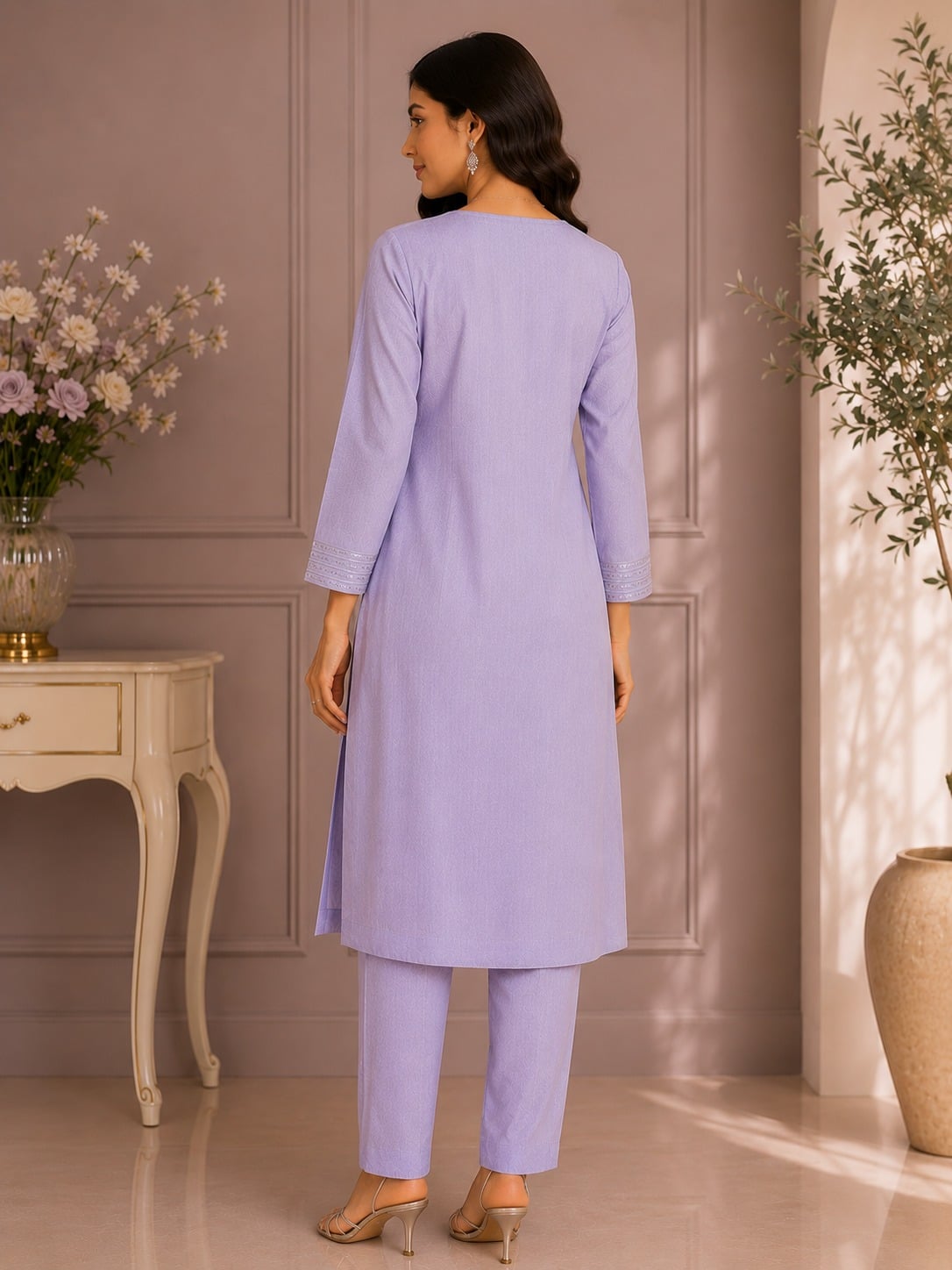 Lavender Womens Traditional Cotton Dobby Kurta Sets 