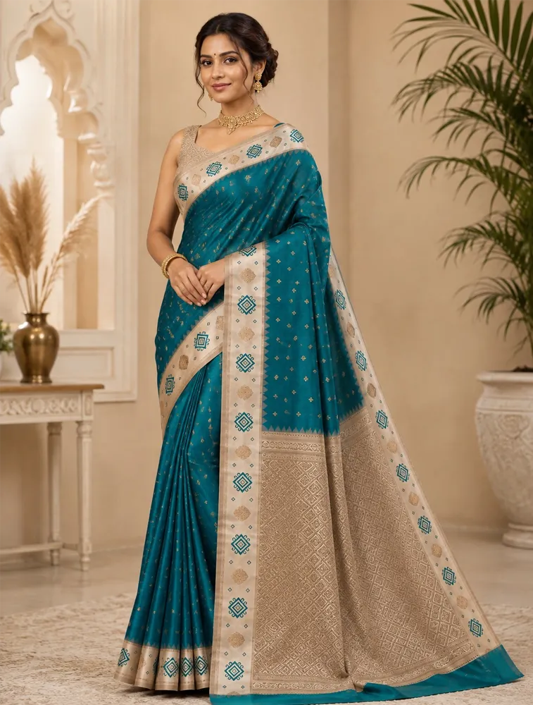 Leaf Green Womens Premium Semi Gadwal Saree with Turning Border