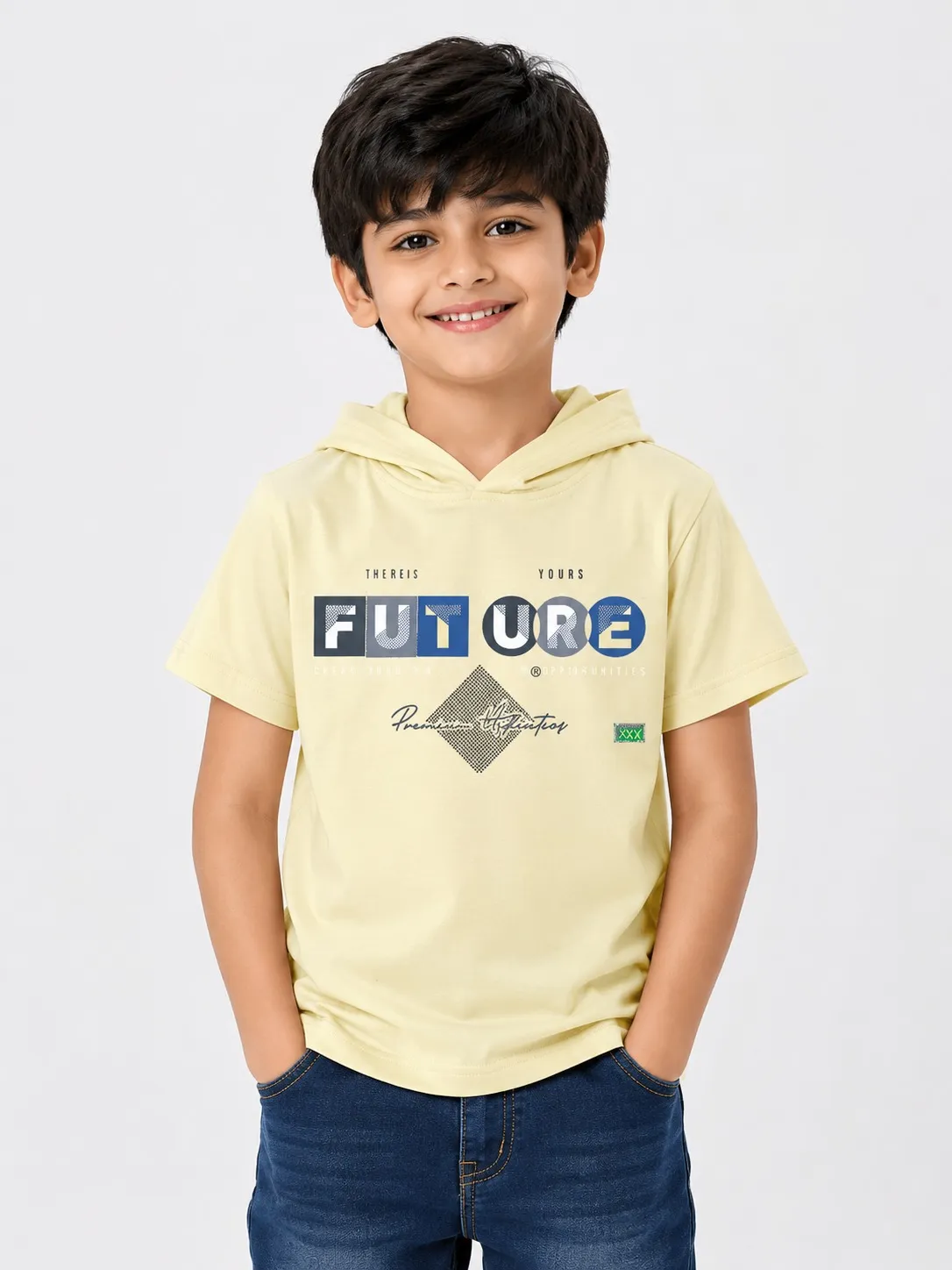 Lemon Yellow Boys Premium Printed Half Sleeve Cooper Hood  T Shirt