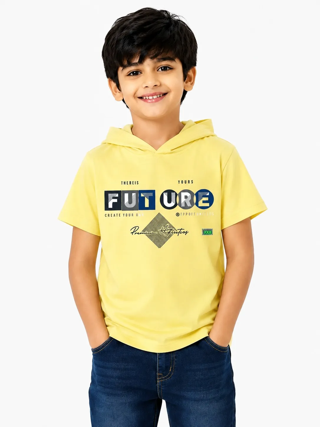 Lemon Yellow Boys Premium Printed Half Sleeve Cooper Hood T Shirt