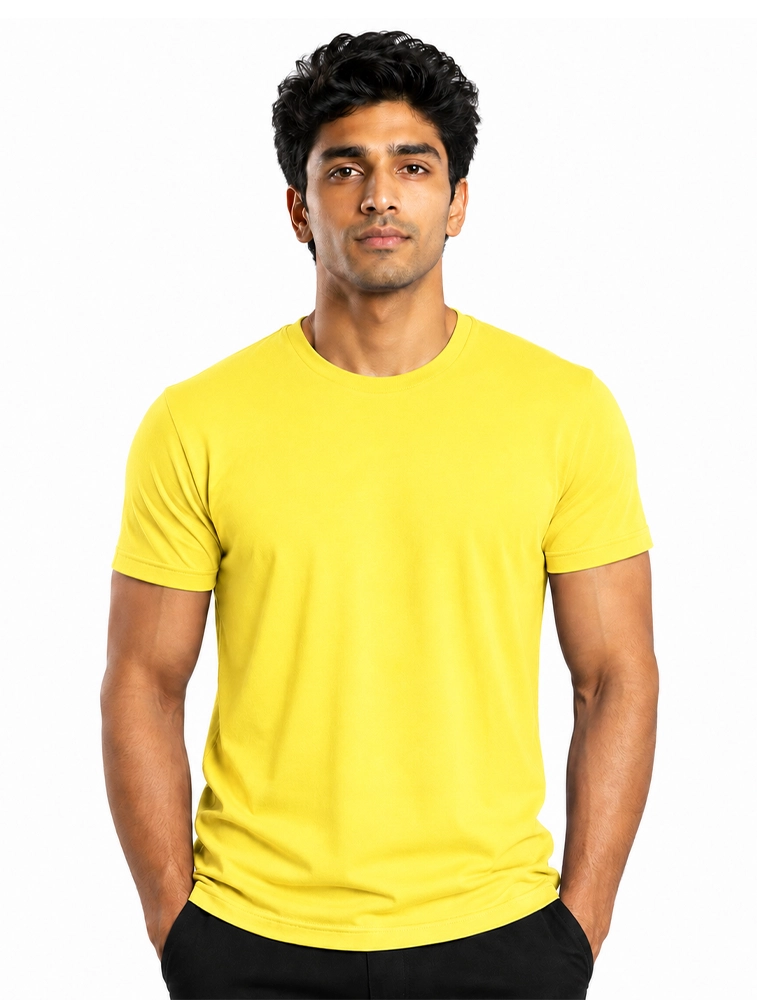 Lemon Yellow Cotton 180 GSM Round Neck Half Sleeve Seamless Tshirt 