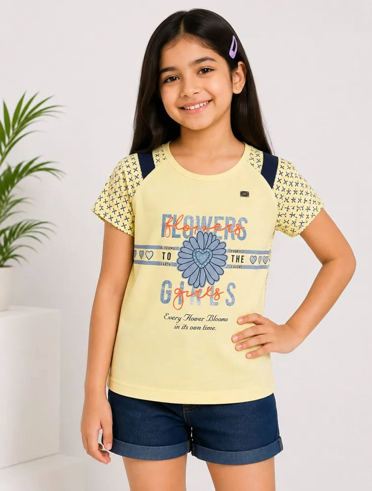 Lemon Yellow Girls Premium Printed Half Sleeves T Shirt