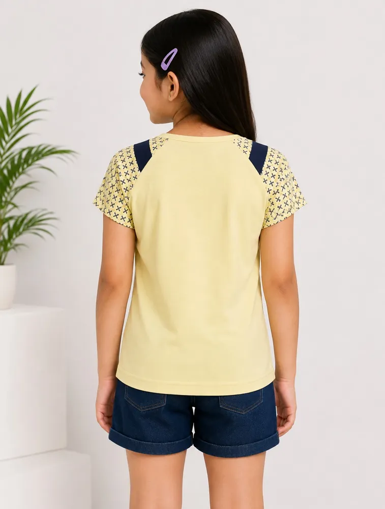 Lemon Yellow Girls Premium Printed Half Sleeves T Shirt