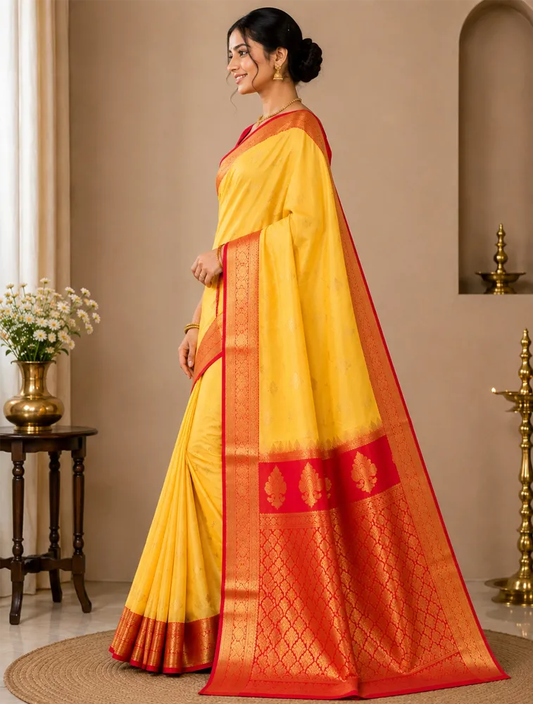 Lemon Yellow Womens Premium Semi Gadwal Saree