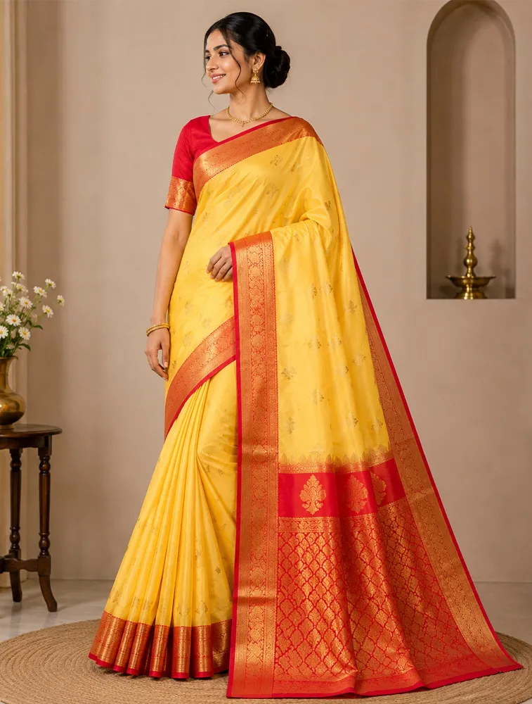 Lemon Yellow Womens Premium Semi Gadwal Saree  