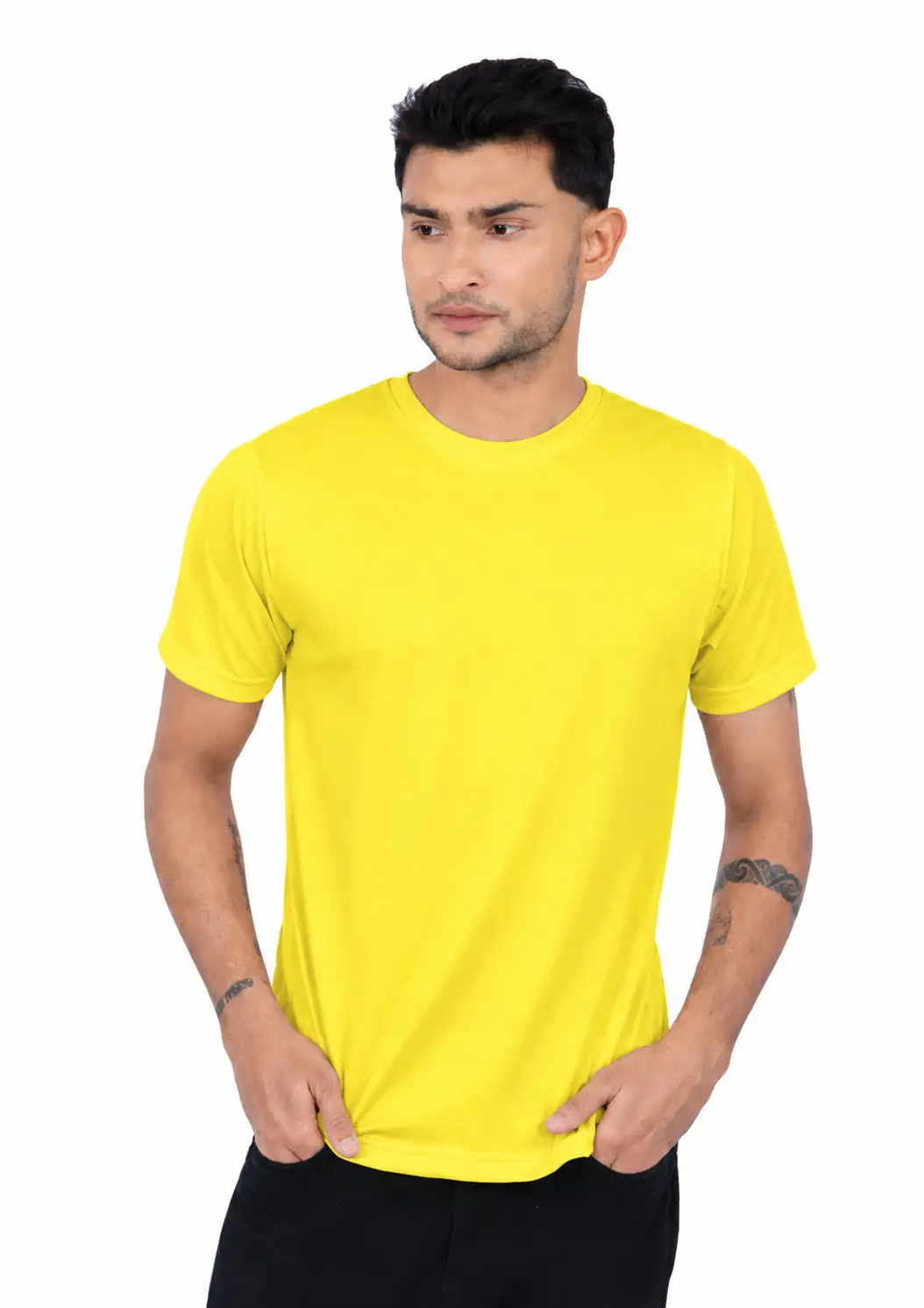 Lemon yellow Polyester Round Neck  100GSM T-shirts 