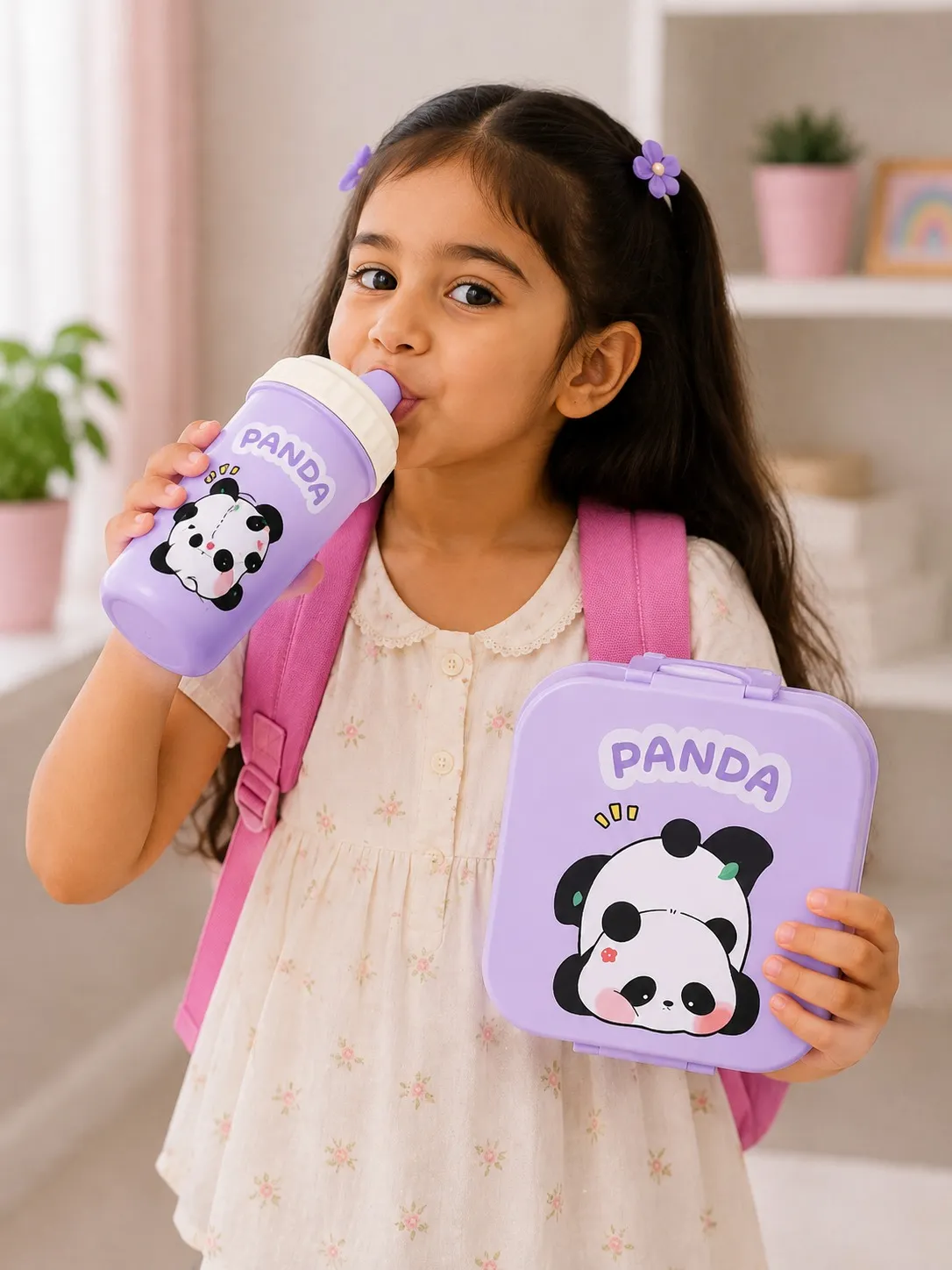 Levender Panda Cartoon Lunch Box And Sipper Bottle Combo Set 