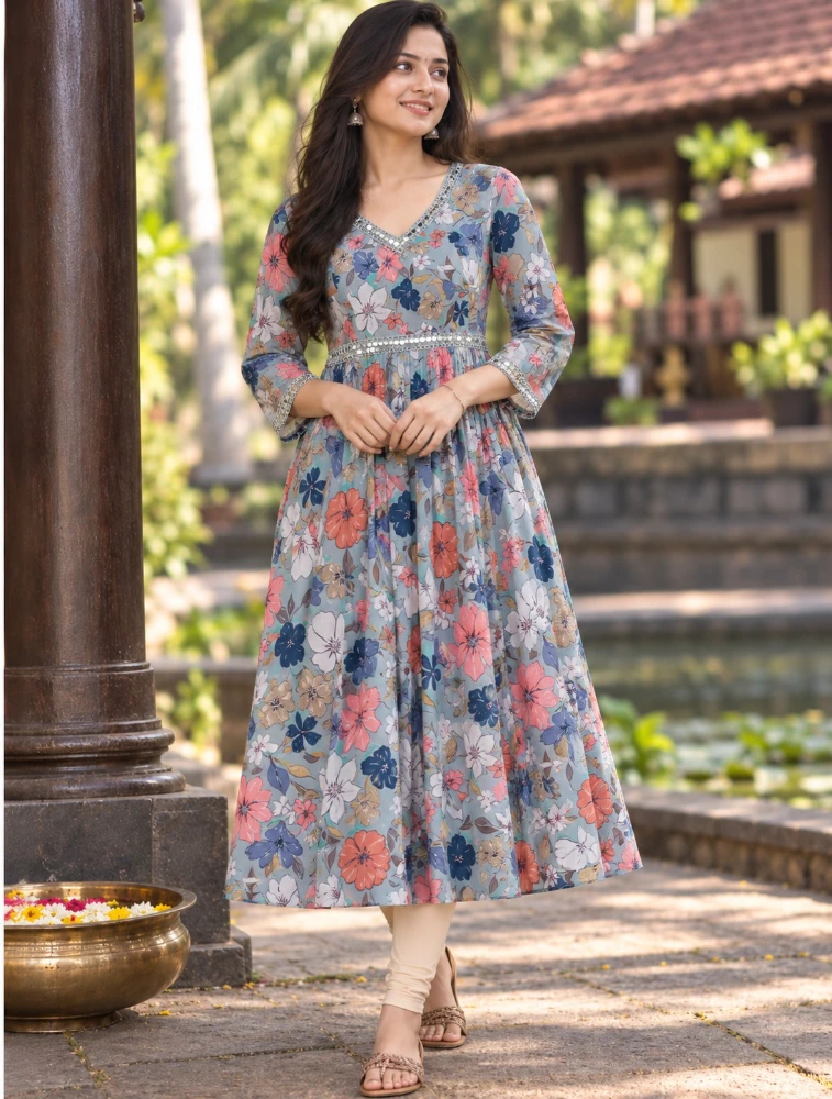 Light Aqua Blue Women Ethnic Motifs Printed Floral Kurta 