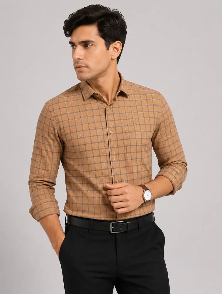  Light Biscuit  Men s Cotton Full Sleeve Check Shirt  