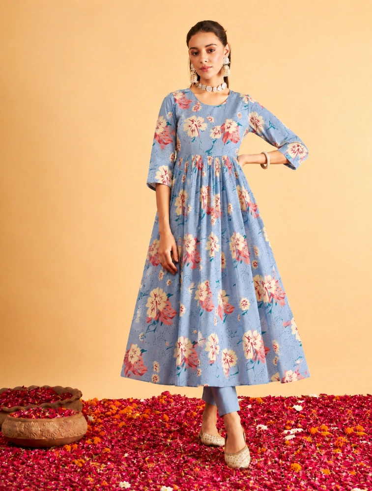 Light Blue Womens Printed Anarkali Kurta  