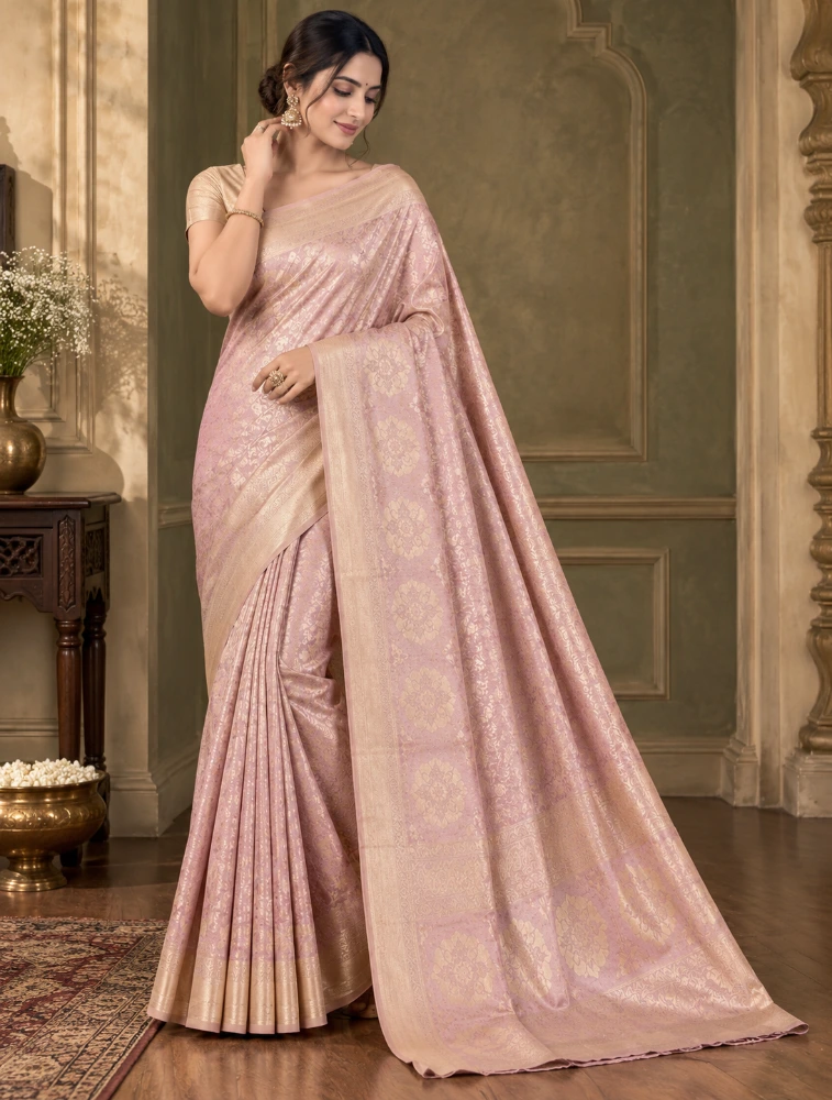 Light Blush Womens Elegant Tissue Brocade Saree with Rich Zari Border