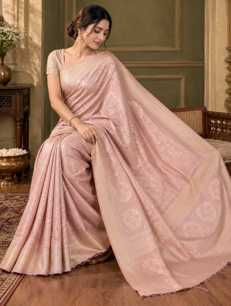 Light Blush Womens Elegant Tissue Brocade Saree with Rich Zari Border